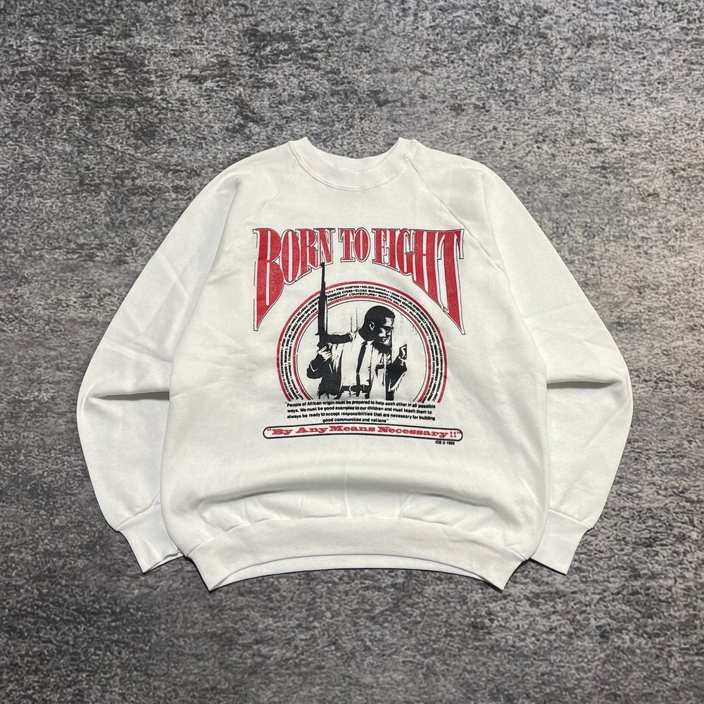 Vintage 90s Malcom X 'Born To Fight' Crewneck Sweatshirt Mens Large White